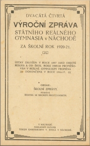 Dvacátá čtvrtá výroční zpráva státního reálného gymnasia v Náchodě za školní rok 1920-21